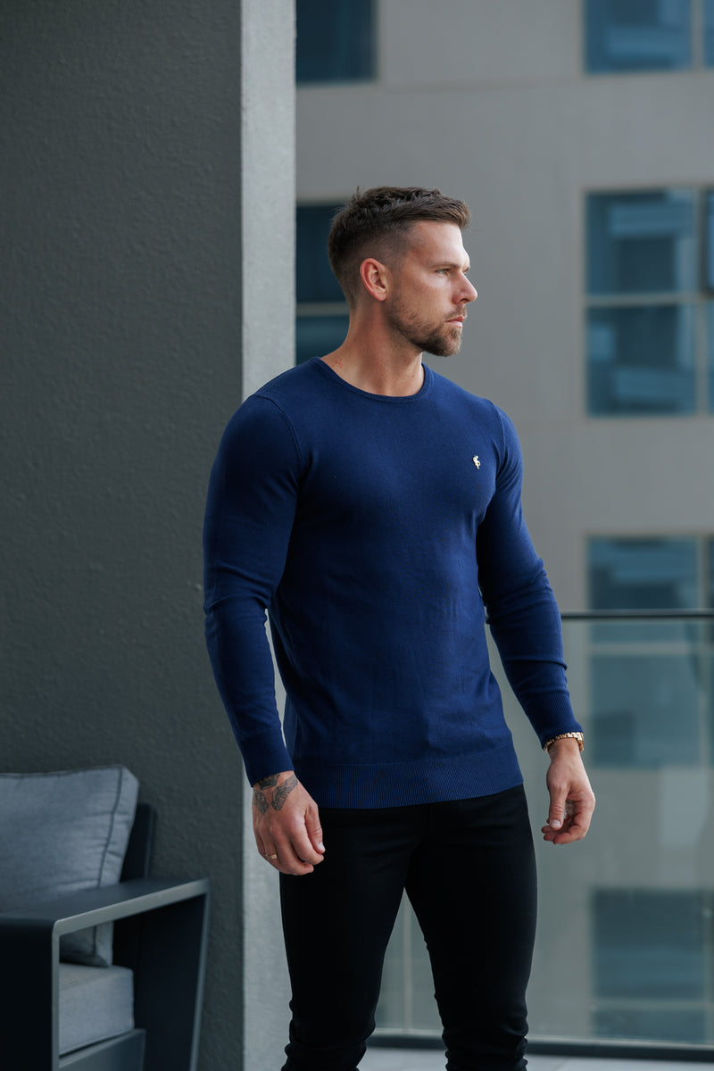 FS Navy Crew Neck Knitted Jumper With FS Branding - FSN197