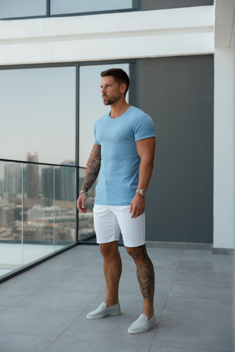 Father Sons Classic Light Blue / Silver Ribbed Knit Super Slim Short Sleeve Crew T-Shirt - FSH1087