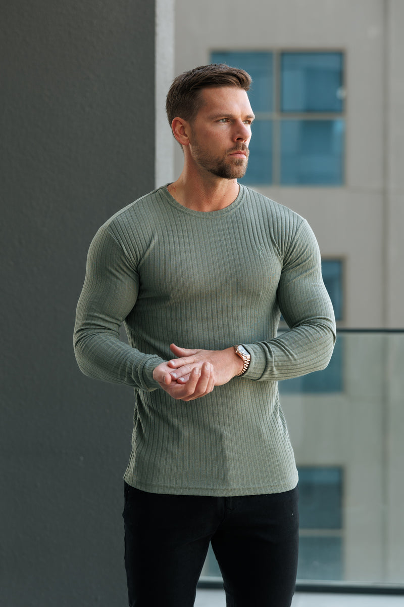 Father Sons Classic Olive Ribbed Knit Jumper With Tonal Embroidery - FSH1285