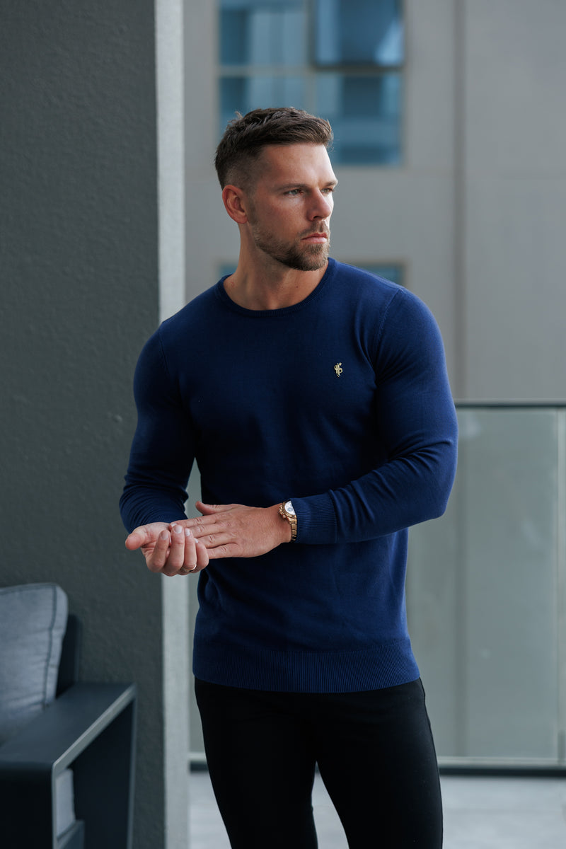 FS Navy Crew Neck Knitted Jumper With FS Branding - FSN197