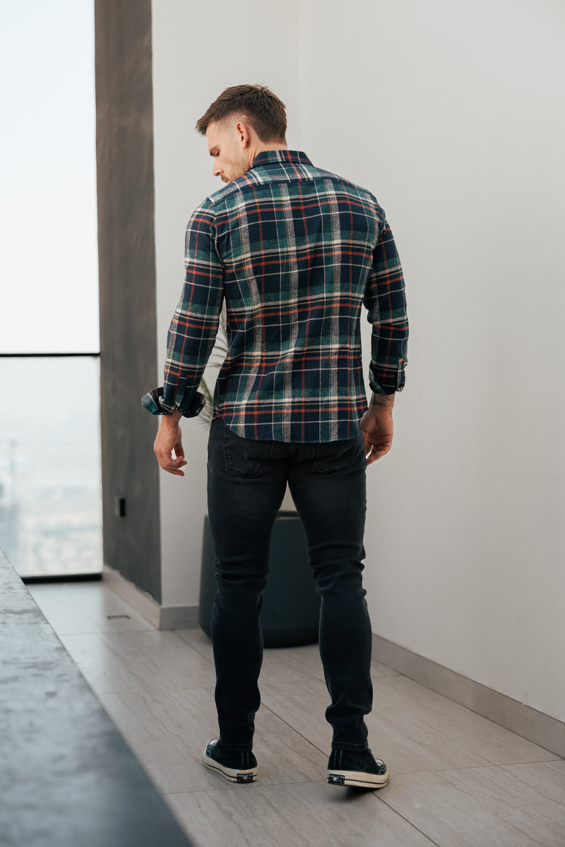 Father Sons Navy / Green / Rust Check Shacket With Double Pockets - FS1198