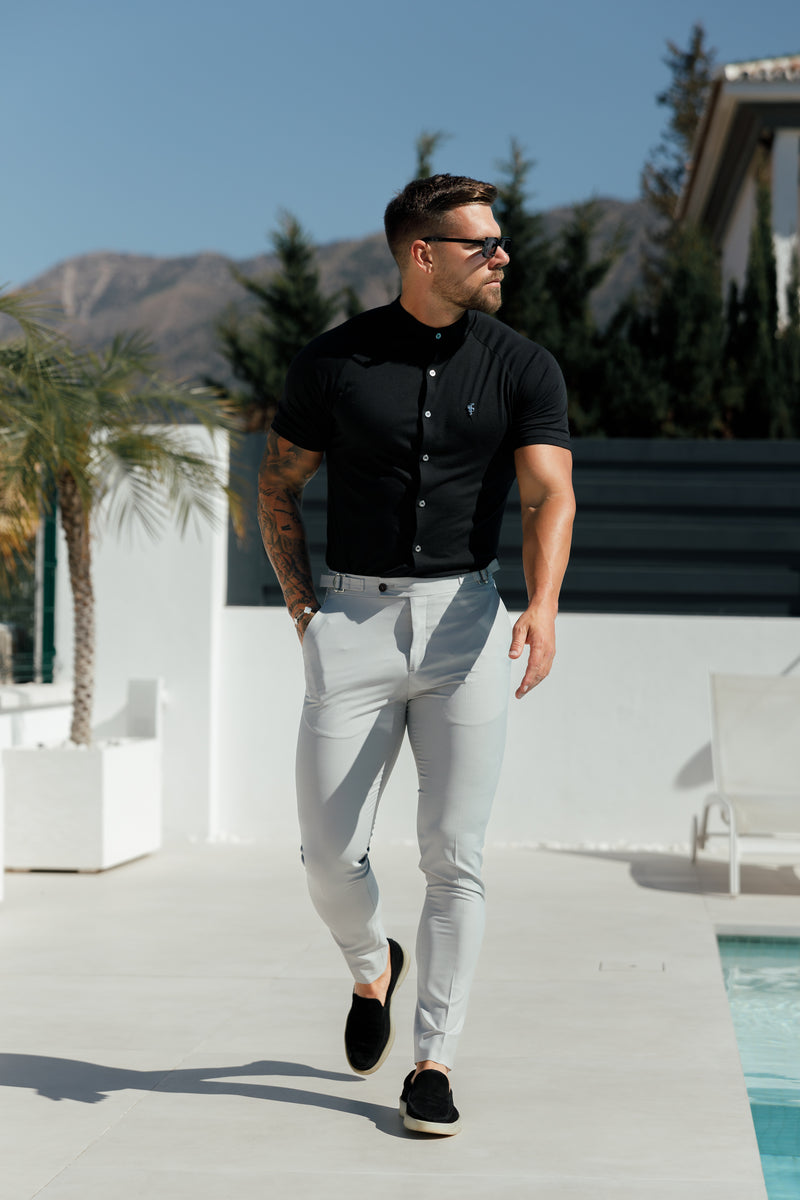 FS Slim Bamboo Raglan Grandad Collar Black Short Sleeve - FSH1165
