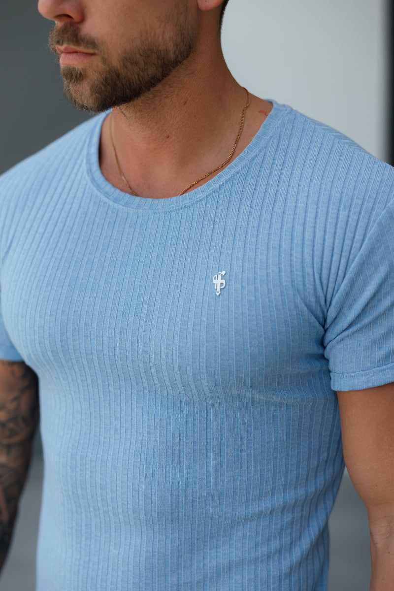 Father Sons Classic Light Blue / Silver Ribbed Knit Super Slim Short Sleeve Crew - FSH1087