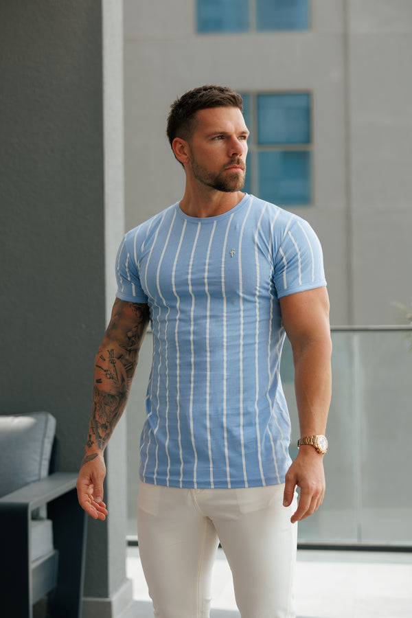 Father Sons Printed Light Blue / White Stripe Fitted T Shirt - FSH1169