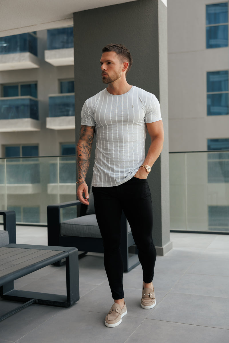 Father Sons Printed Light Grey / White Stripe Fitted T Shirt - FSH1172