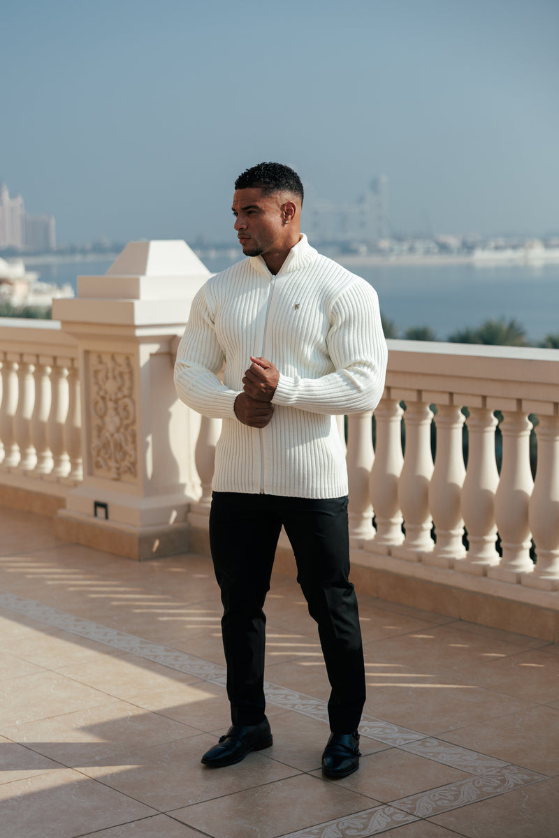 Father Sons Chunky Cream Ribbed Zipped Cardigan with Gold Emblem- FSJ096