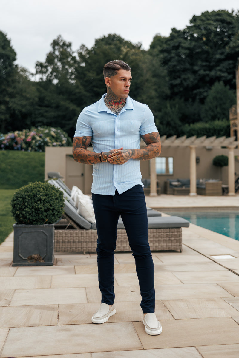 Father Sons Jersey Revere Vertical Stripe Light Blue Shirt Short Sleeve - FSR027