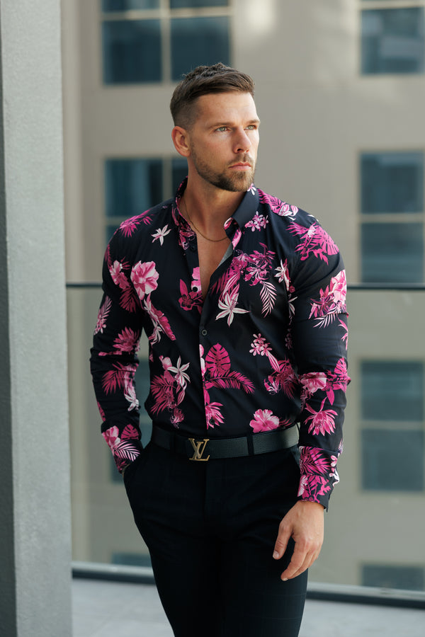 Classic Stretch LS Black / Bright Pink Floral Print Button Down Collar - FS1153