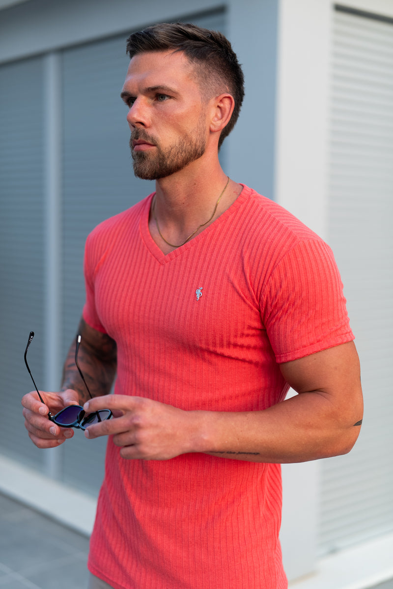 Father Sons Super Slim Coral / Silver V Neck Ribbed Crew - FSH1365