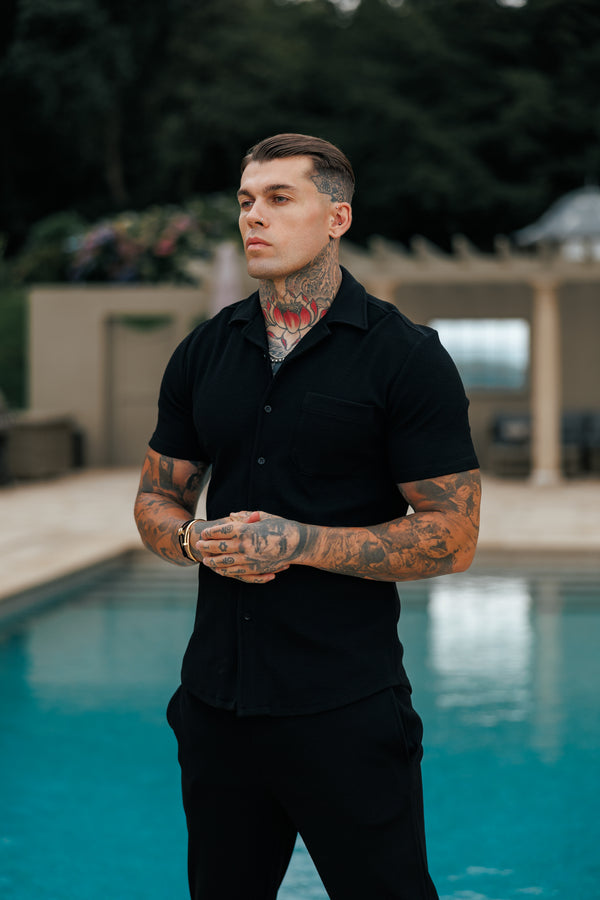 Father Sons Jersey Cord Stretch Black Revere Shirt Short Sleeve - FSR018