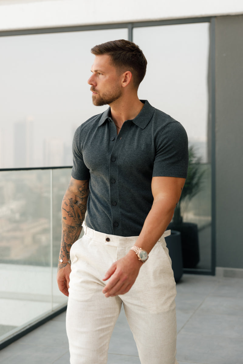 Father Sons Classic Plain Charcoal Knitted Button Through Polo Short Sleeve - FSN160