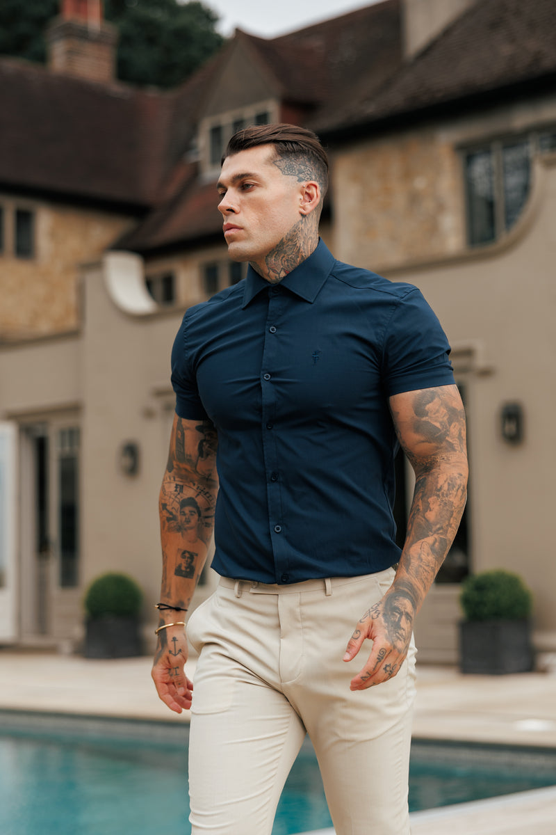 Father Sons Muscle Fit Advanced Stretch Navy Short Sleeve with Cutaway Collar - FS1163
