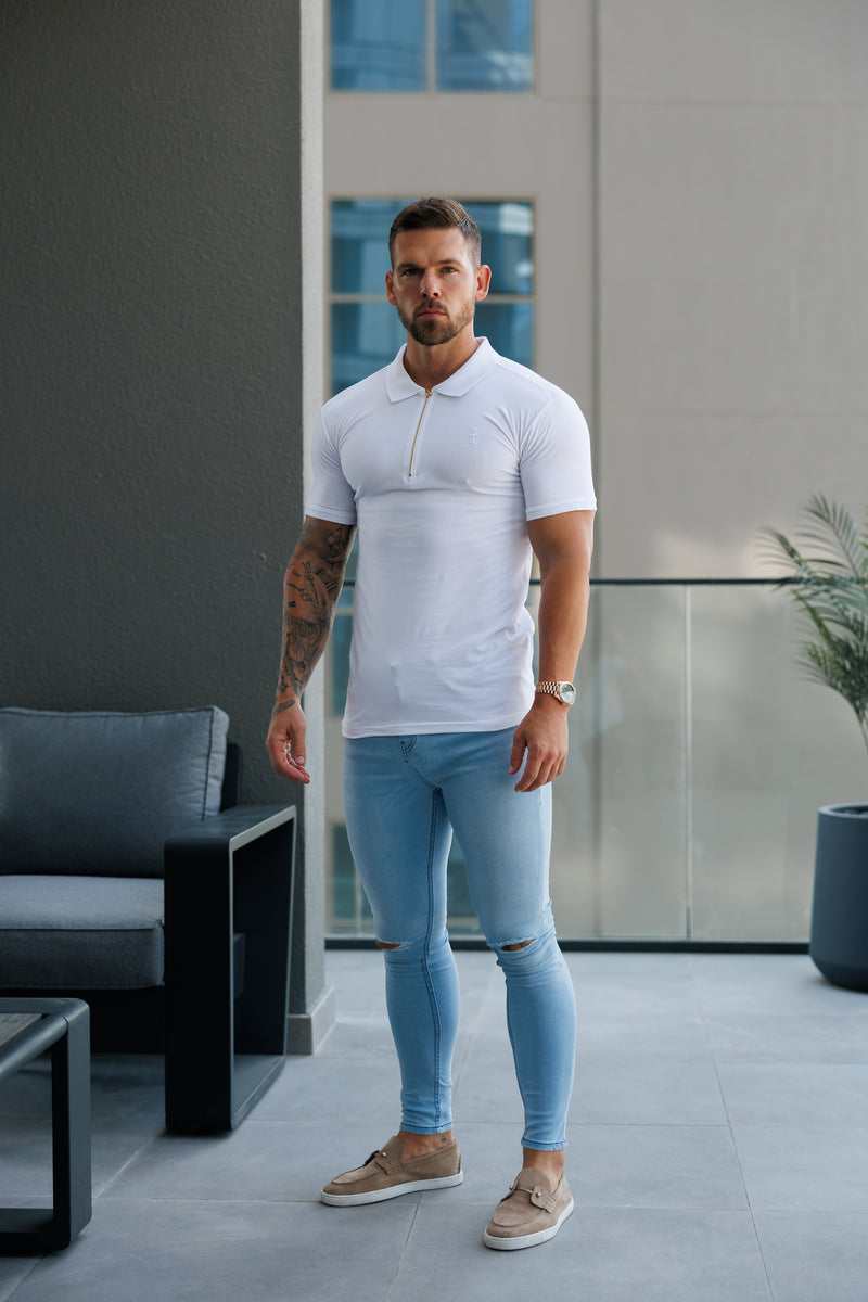 Father Sons Ultra Stretch Mid Blue Slim Jeans Bleached with Knee Rips - FSJEAN012