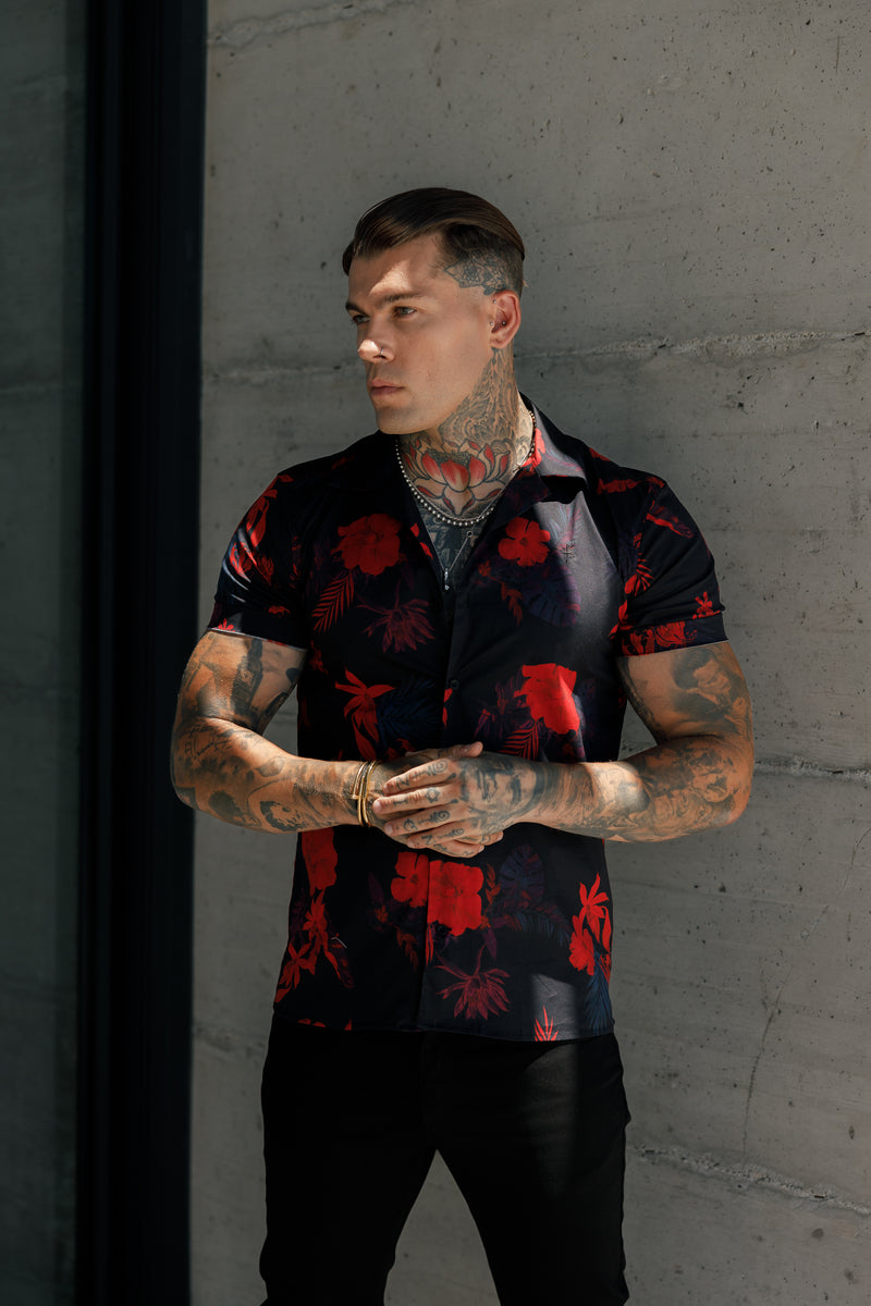 Father Sons Hawaiian Boxy Black / Red Floral Print Stretch with Revere Collar Short Sleeve - FS994