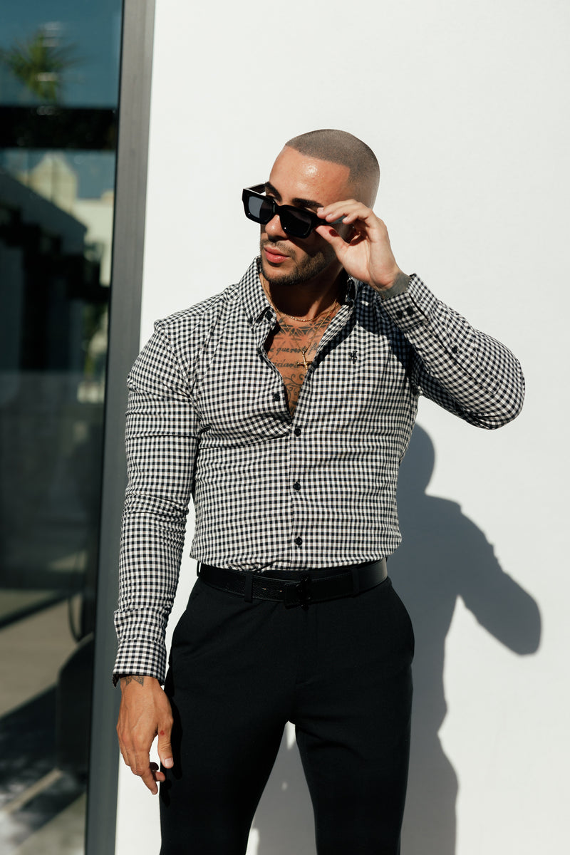 FS Super Slim Stretch White / Black Check Long Sleeve with Button Down Collar - FS1069