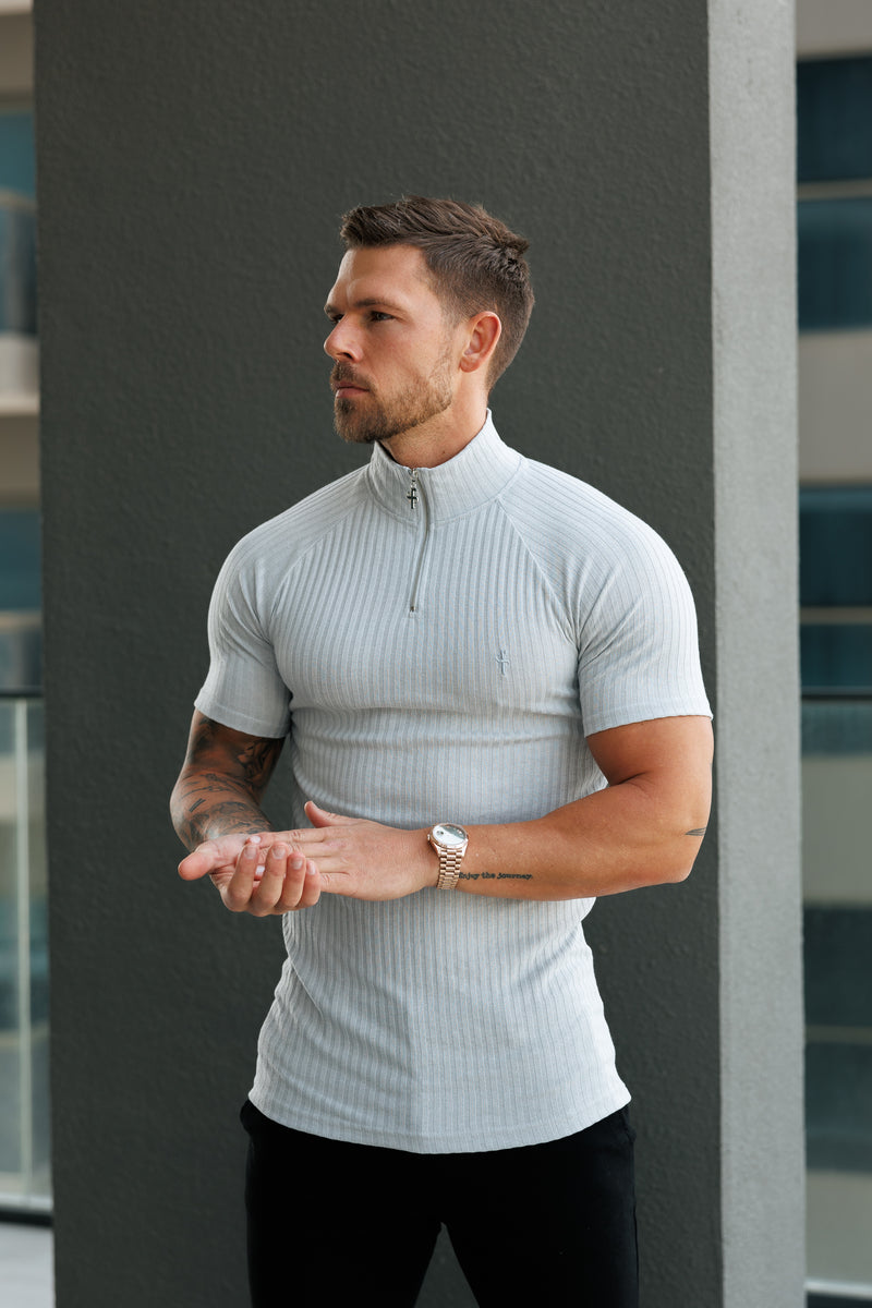 Father Sons Classic Light Grey Ribbed Zip Funnel Neck Raglan Short Sleeve Crew - FSH1287