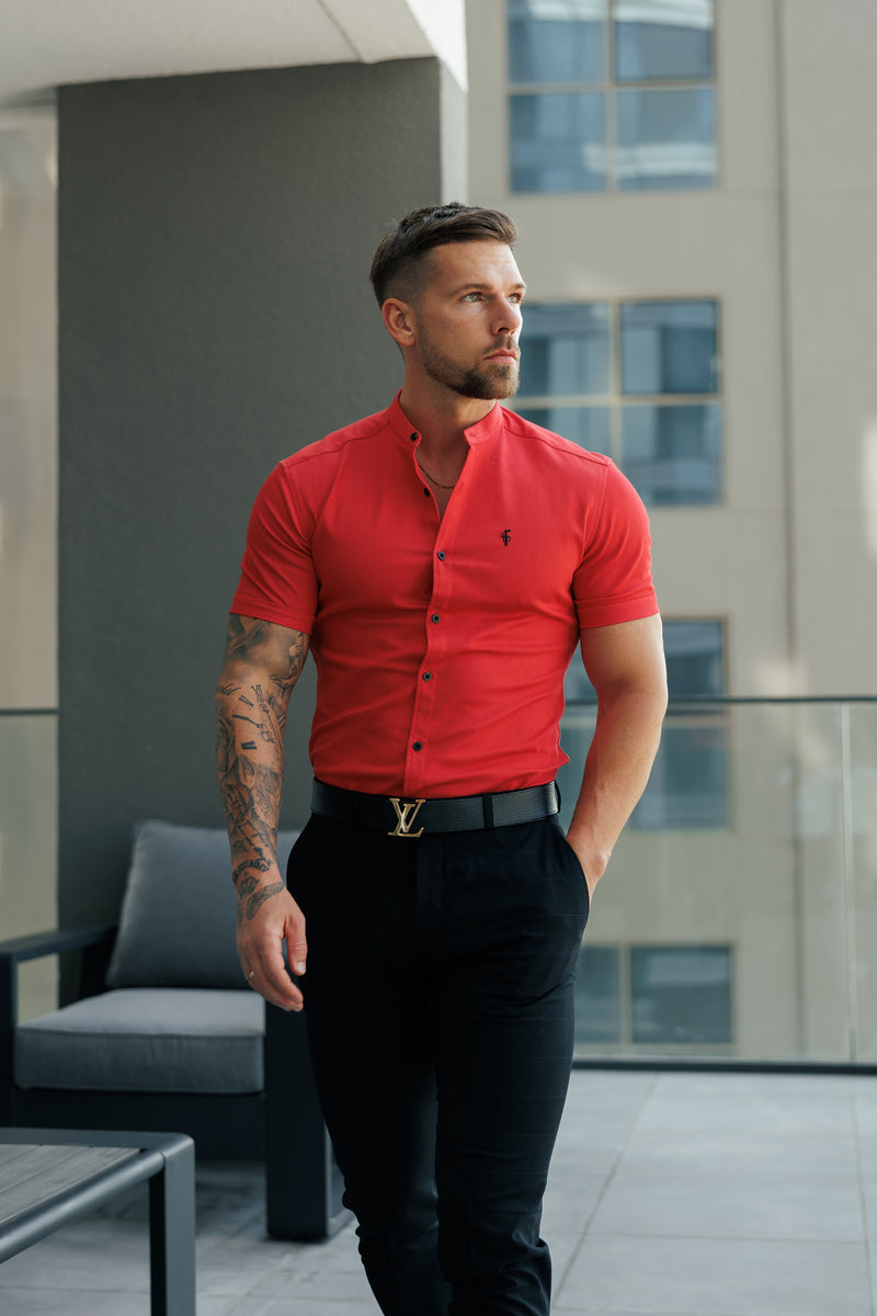 FS Super Slim Stretch Postbox Red Denim Short Sleeve with Grandad Collar - FS1141