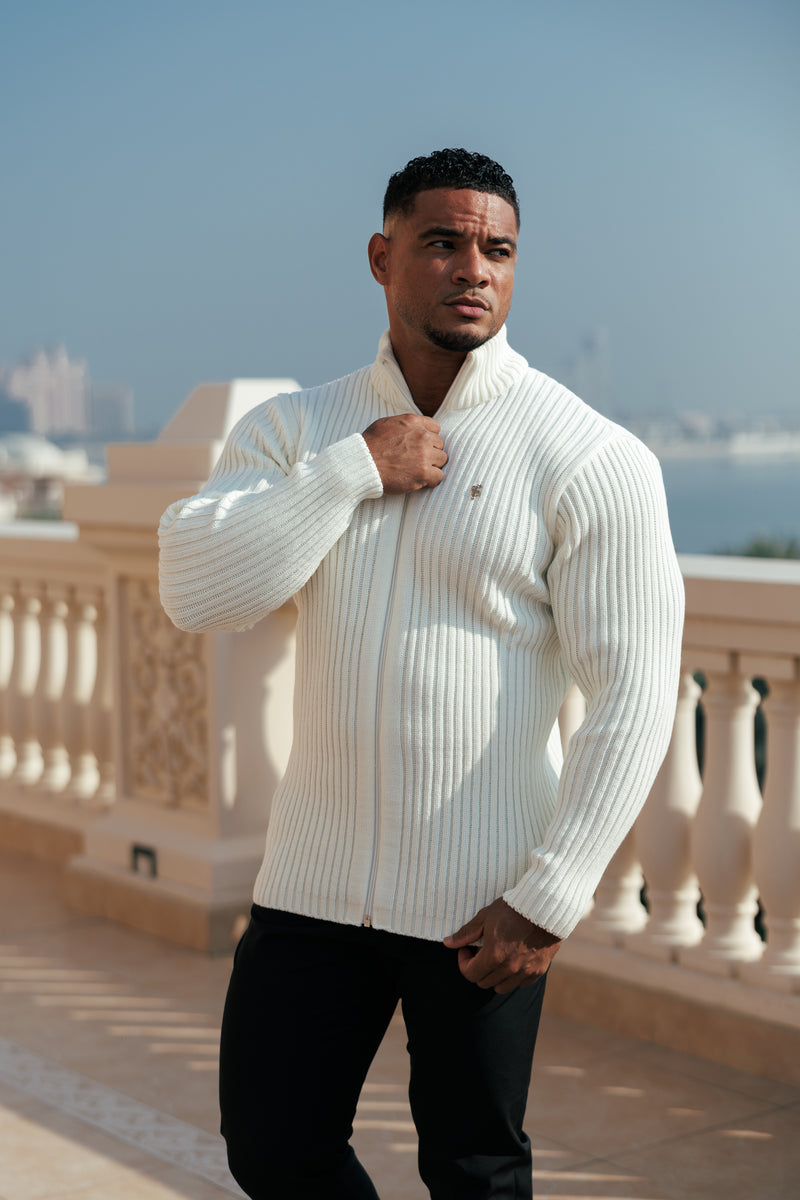 Father Sons Chunky Cream Ribbed Zipped Cardigan with Gold Emblem- FSJ096