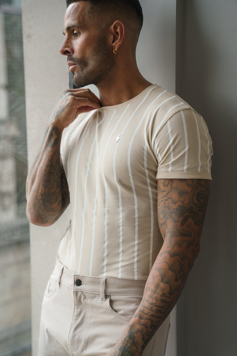 Father Sons Printed Taupe / White Stripe Fitted T Shirt - FSH1170