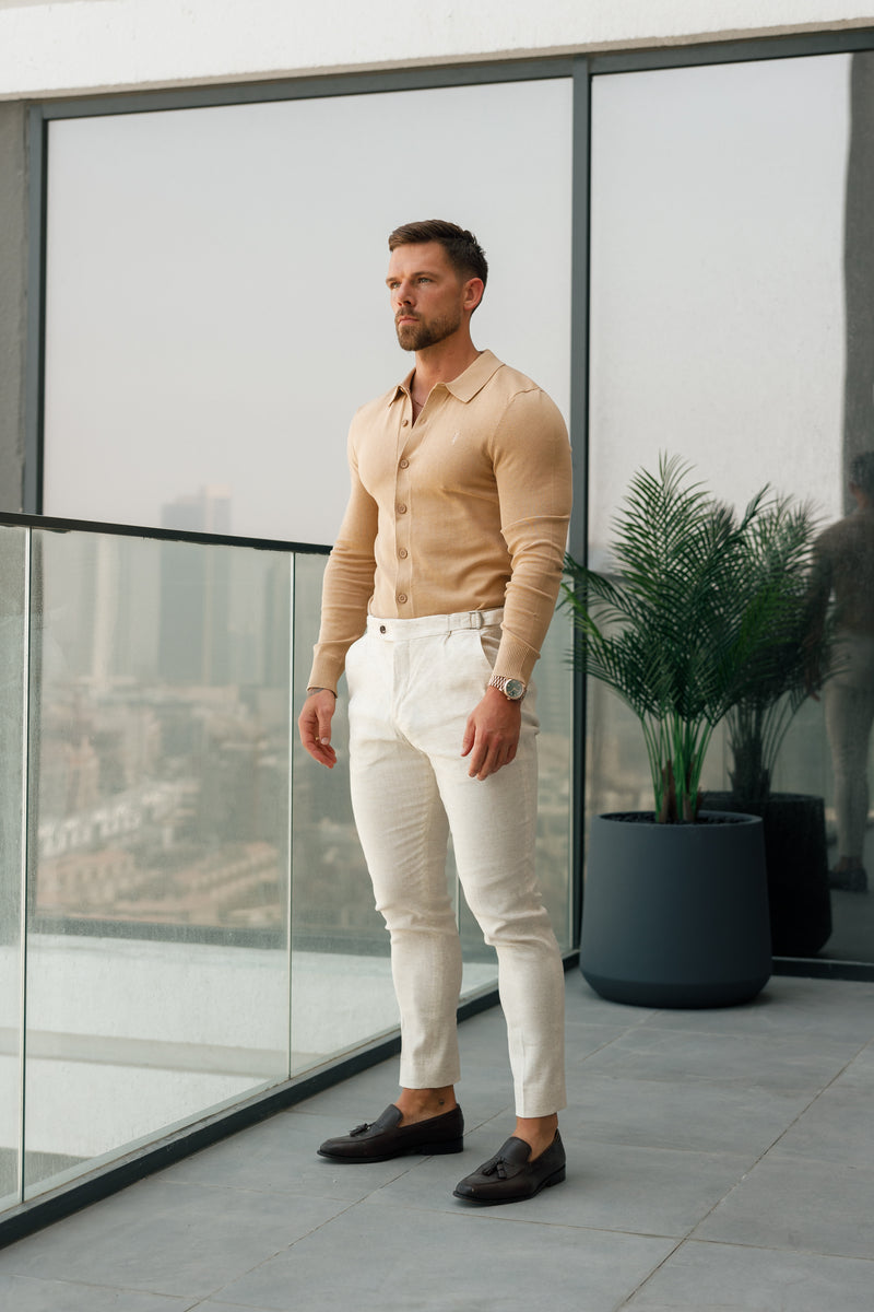 Father Sons Slim Formal Cream Linen Trousers With Side Adjusters - FST020