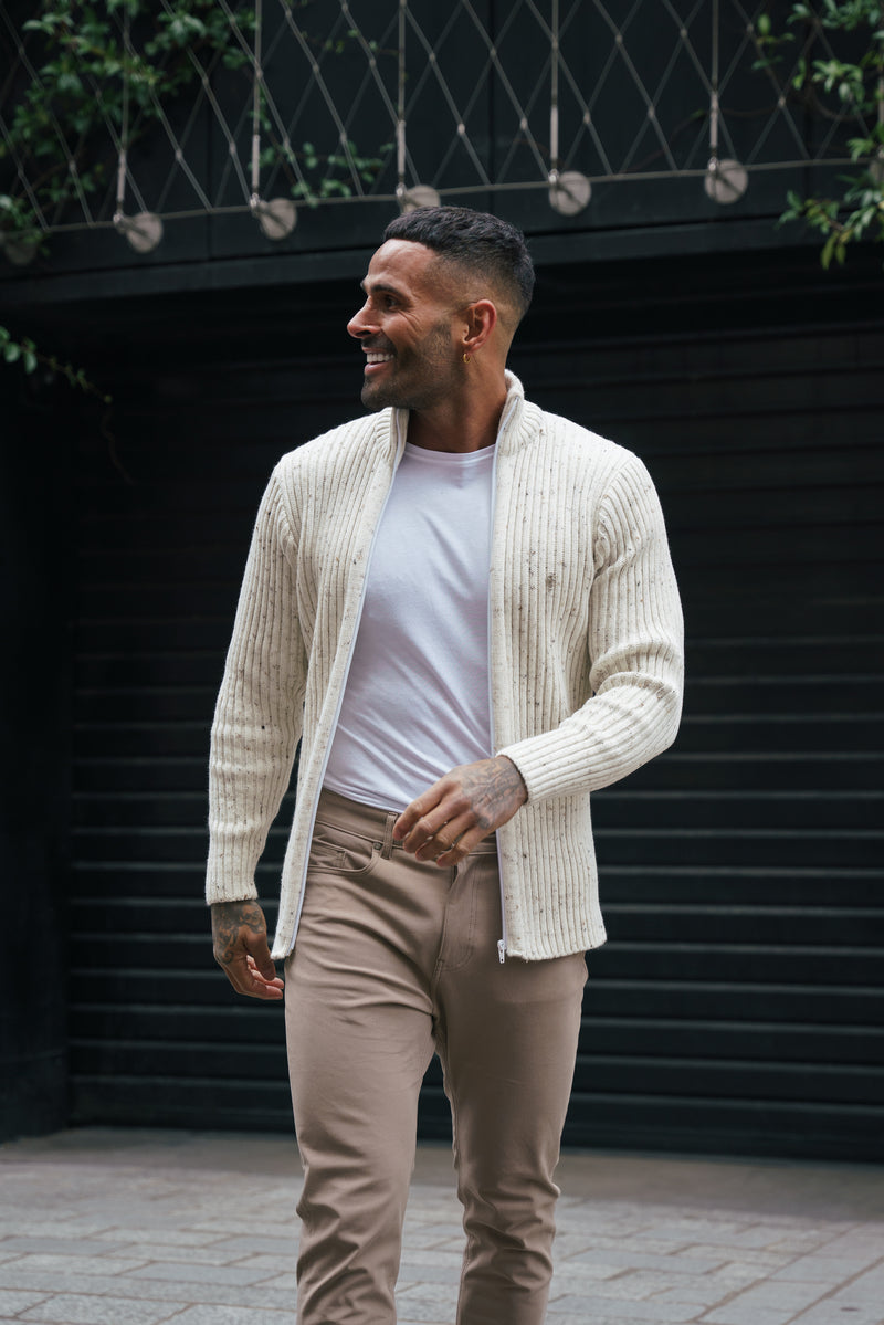 Father Sons Chunky Beige Flecks Ribbed Zipped Cardigan - FSJ070 (PRE ORDER 28TH FEBRUARY)