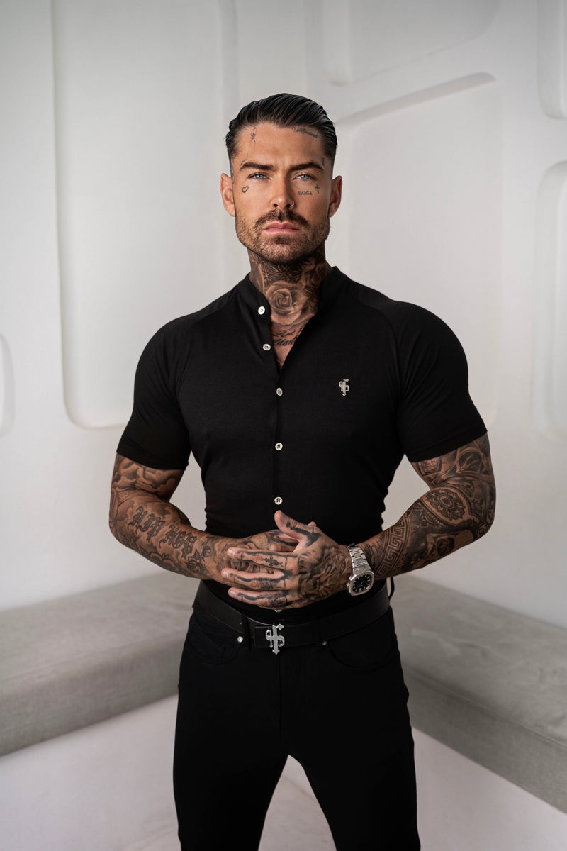 FS Slim Bamboo Raglan Grandad Collar Black Short Sleeve - FSH1165