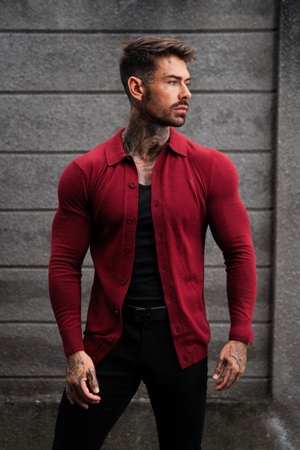 Father Sons Classic Plain Burgundy Knitted Button Through Polo Long Sleeve - FSN214