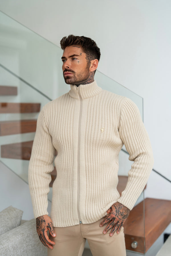 Father Sons Chunky Beige Ribbed Zipped Cardigan - FSJ069 (PRE ORDER 21ST MARCH)