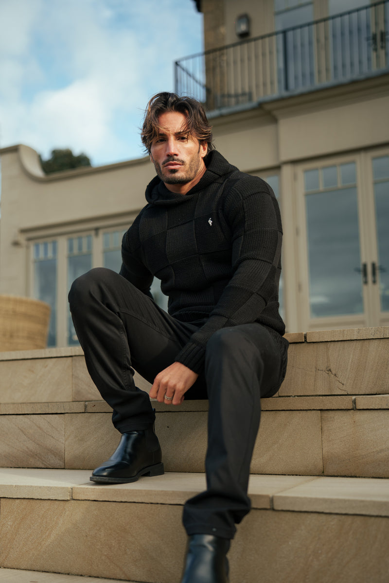 Father Sons Black Checkerboard Knitted Hoodie - FSJ135 (PRE ORDER 11TH DECEMBER)