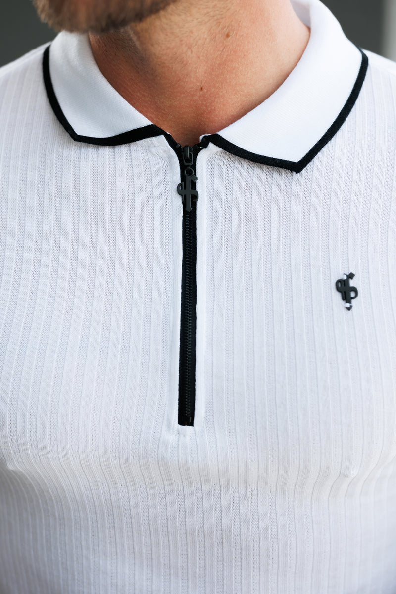 FS Classic White Ribbed Zip Polo with Contrast Short Sleeve - FSH1102