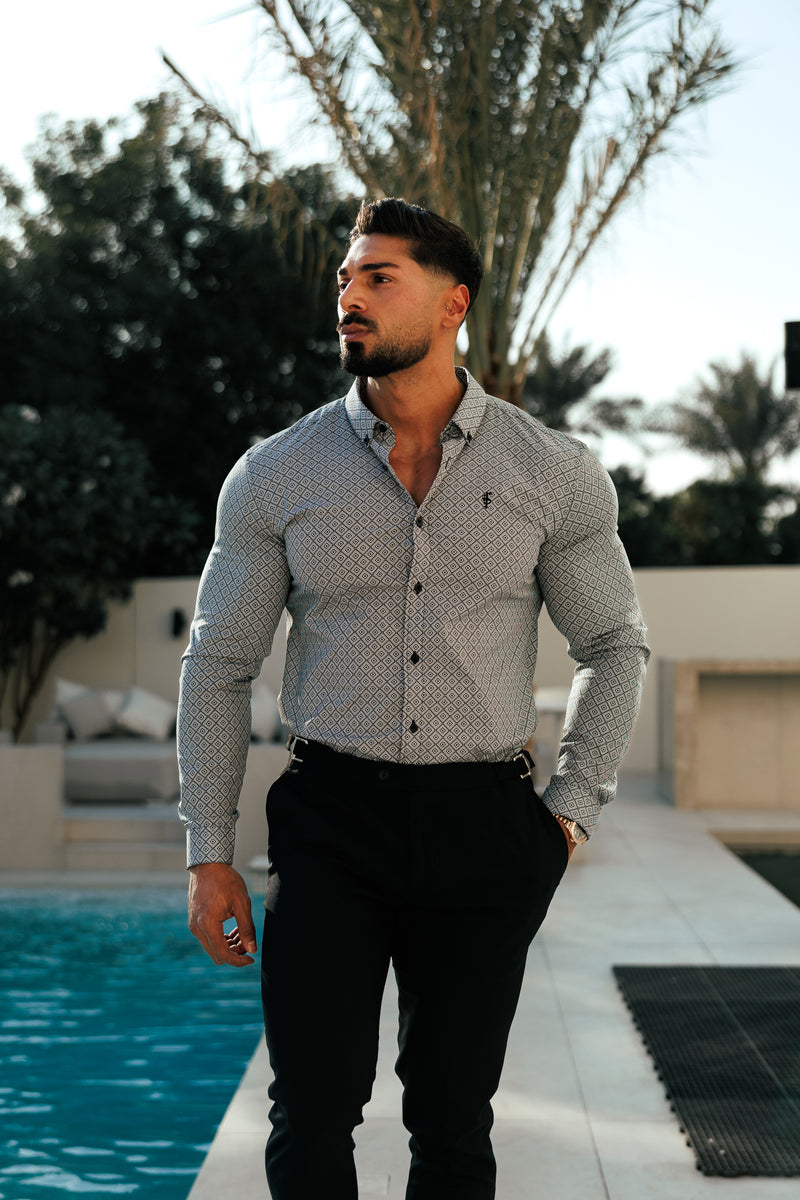 Father Sons Super Slim Stretch Black / White Diamond Print Long Sleeve with Button Down Collar - FS1226