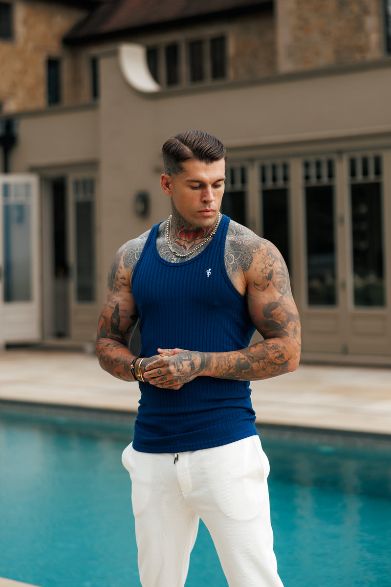 Father Sons Classic New Navy / White Ribbed Knit Super Slim Vest - FSH1328