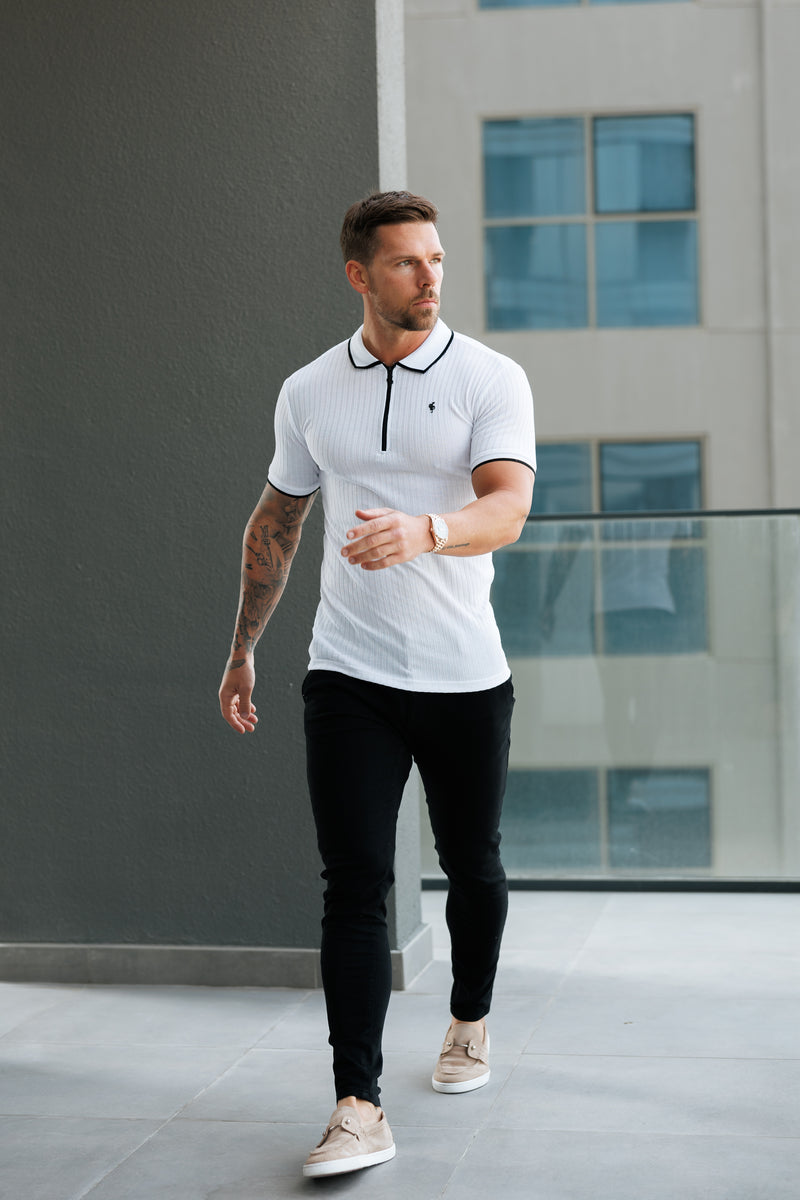 FS Classic White Ribbed Zip Polo with Contrast Short Sleeve - FSH1102