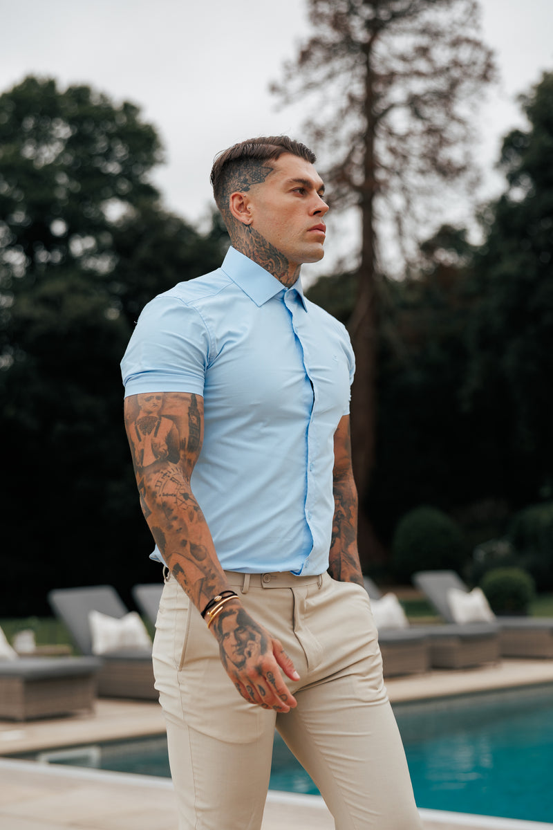 Father Sons Muscle Fit Advanced Stretch Powder Blue Short Sleeve with Cutaway Collar  - FS1162