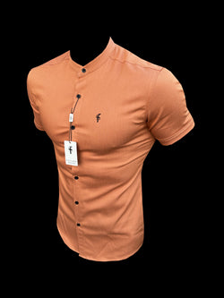 FS Super Slim Stretch Orange Denim Short Sleeve with Grandad Collar - FS1142