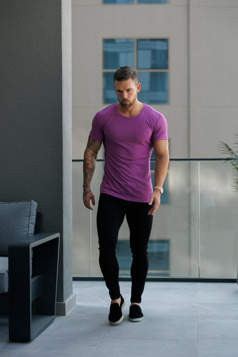 Father Sons Classic Light Purple Ribbed Knit Super Slim Short Sleeve Crew - FSH1161