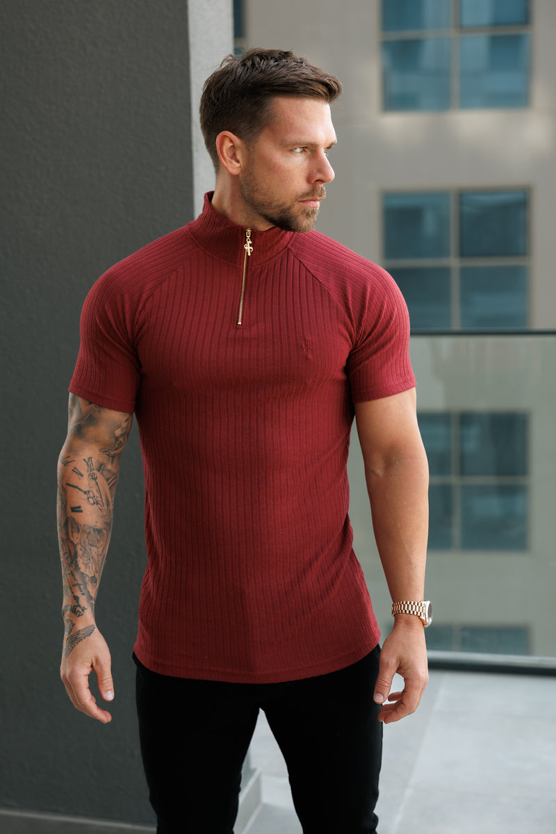 Father Sons Classic Burgundy Ribbed Zip Funnel Neck Raglan Short Sleeve Crew - FSH1293