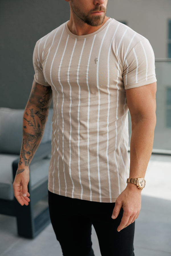 Father Sons Printed Taupe / White Stripe Fitted T Shirt - FSH1170