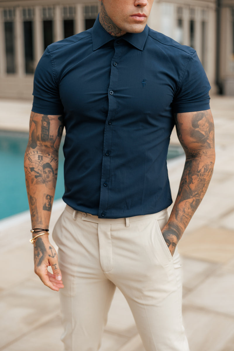 Father Sons Muscle Fit Advanced Stretch Navy Short Sleeve with Cutaway Collar - FS1163