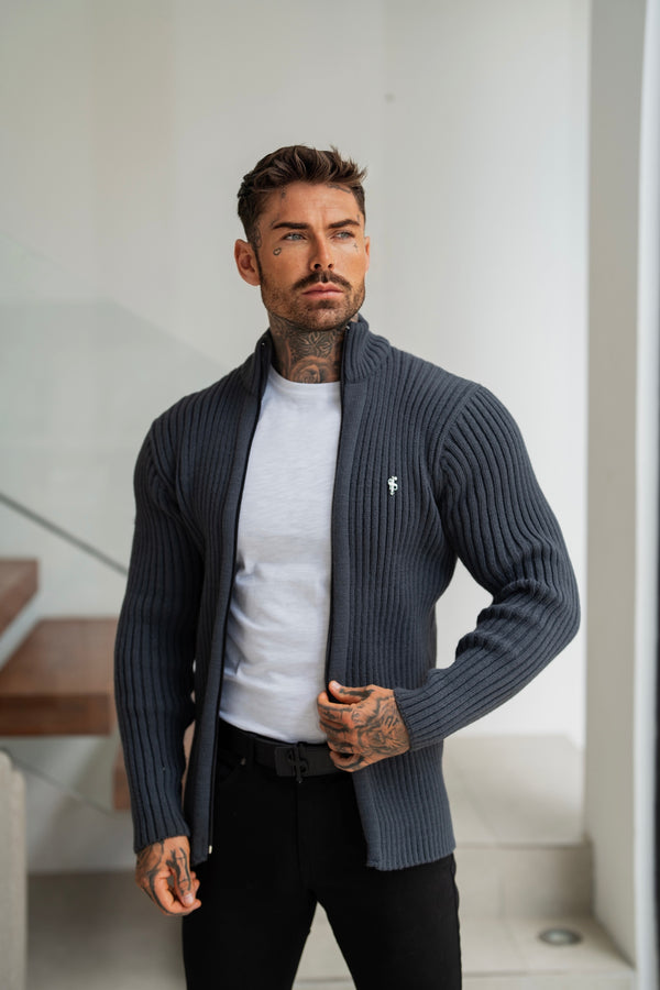 Father Sons Chunky Gunmetal Ribbed Zipped Cardigan - FSJ072 (PRE ORDER 21ST MARCH)