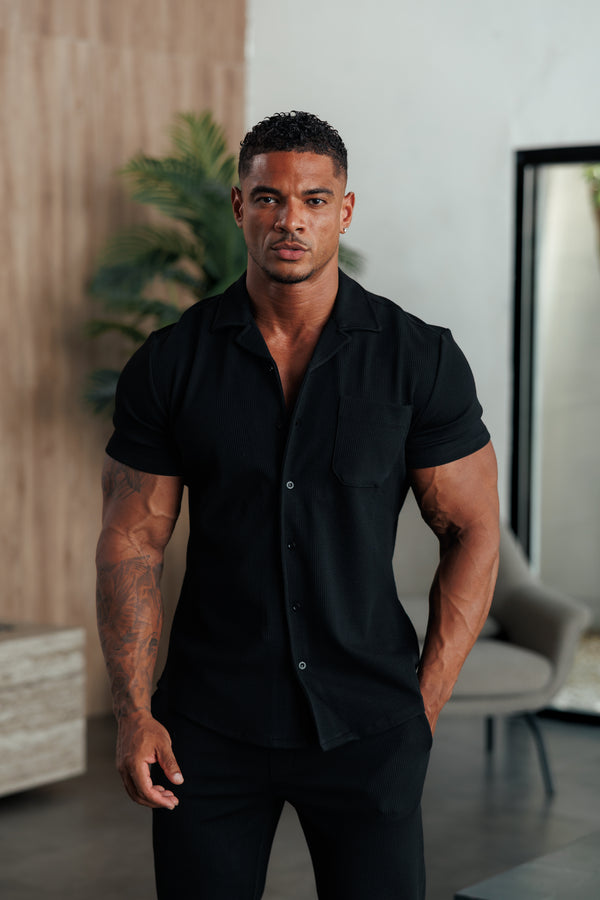 Father Sons Jersey Cord Stretch Black Revere Shirt Short Sleeve - FSR018