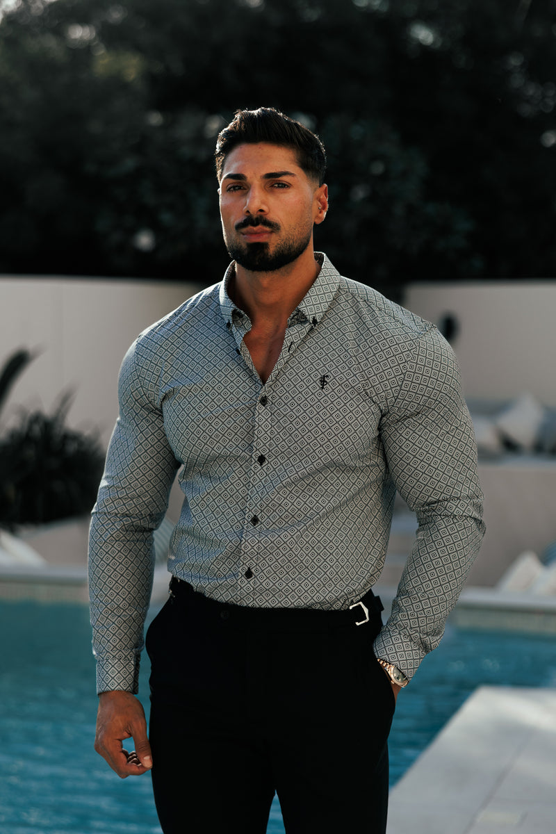 Father Sons Super Slim Stretch Black / White Diamond Print Long Sleeve with Button Down Collar - FS1226