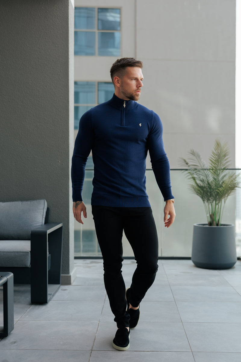 FS Navy Funnel Neck Knitted Jumper With FS Branding - FSN191