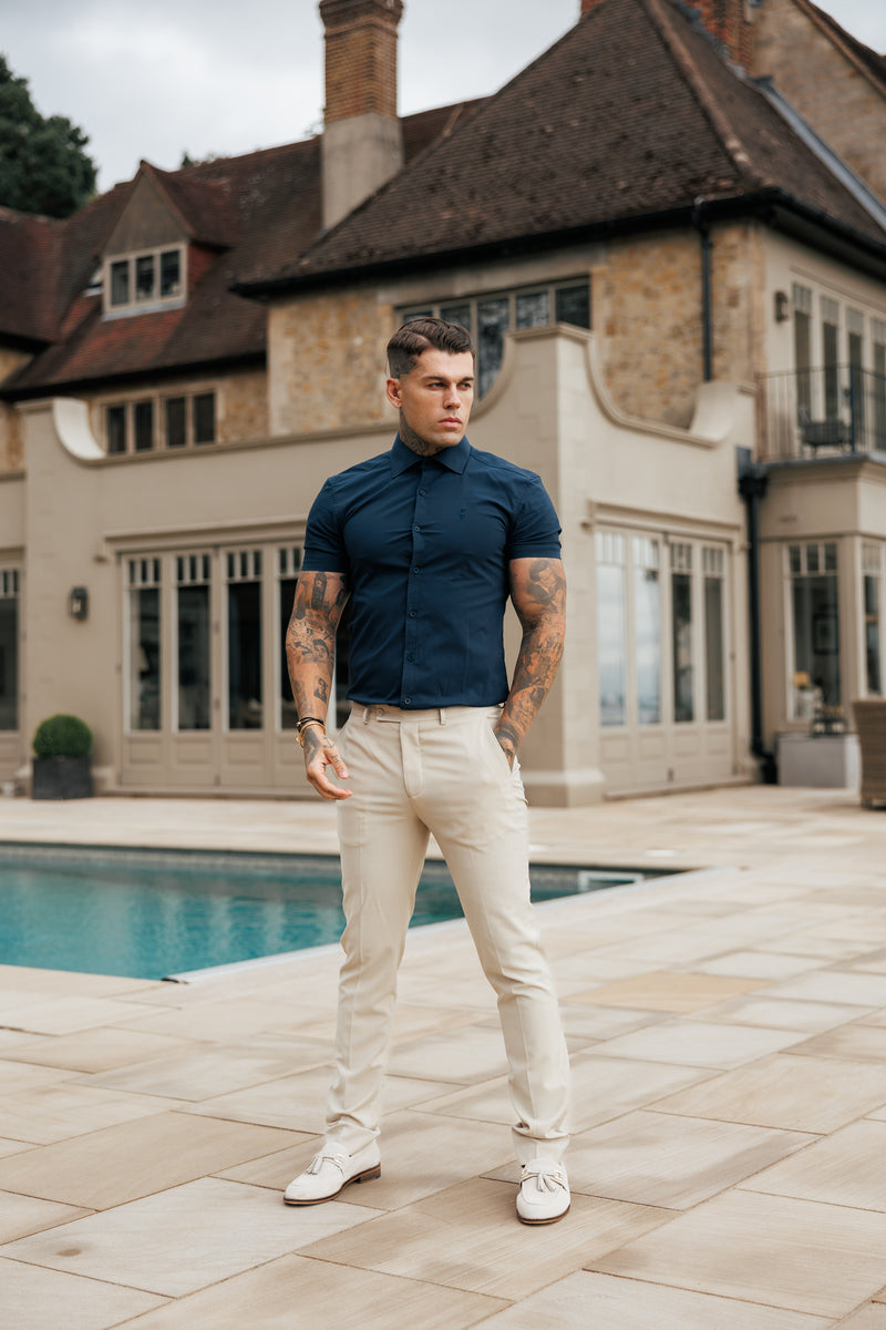 Father Sons Muscle Fit Advanced Stretch Navy Short Sleeve with Cutaway Collar - FS1163