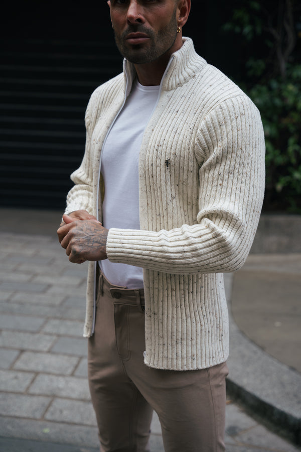 Father Sons Chunky Beige Flecks Ribbed Zipped Cardigan - FSJ070 (PRE ORDER 21ST MARCH)