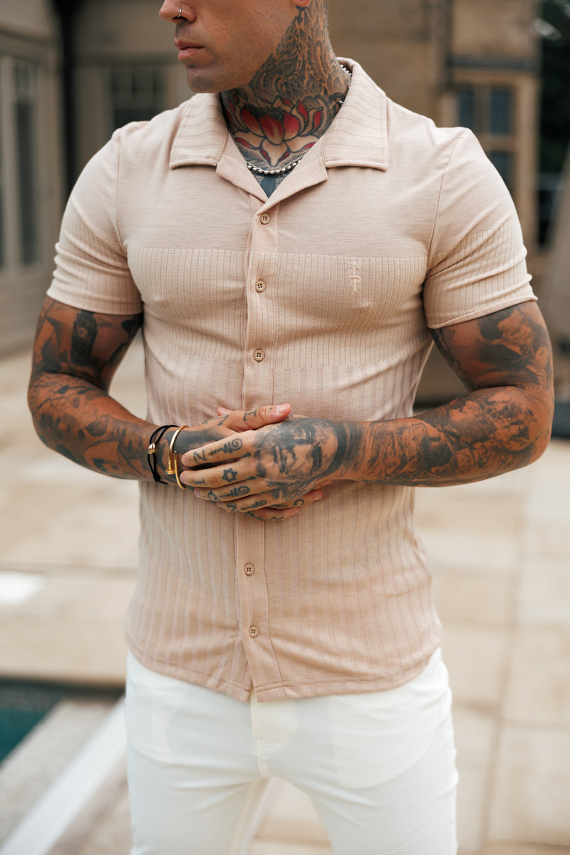 Father Sons Jersey Revere Vertical Stripe Beige Shirt Short Sleeve - FSR026