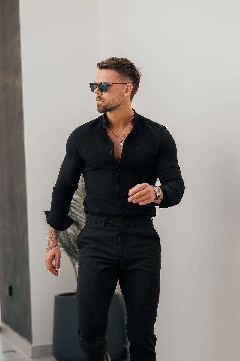 FS Super Slim Scuba Black Long Sleeve Stretch with Grandad Collar - FS1171