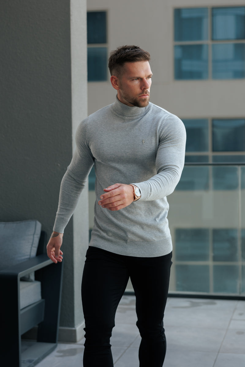 FS Light Grey Roll Neck Knitted Jumper With FS Branding - FSN208