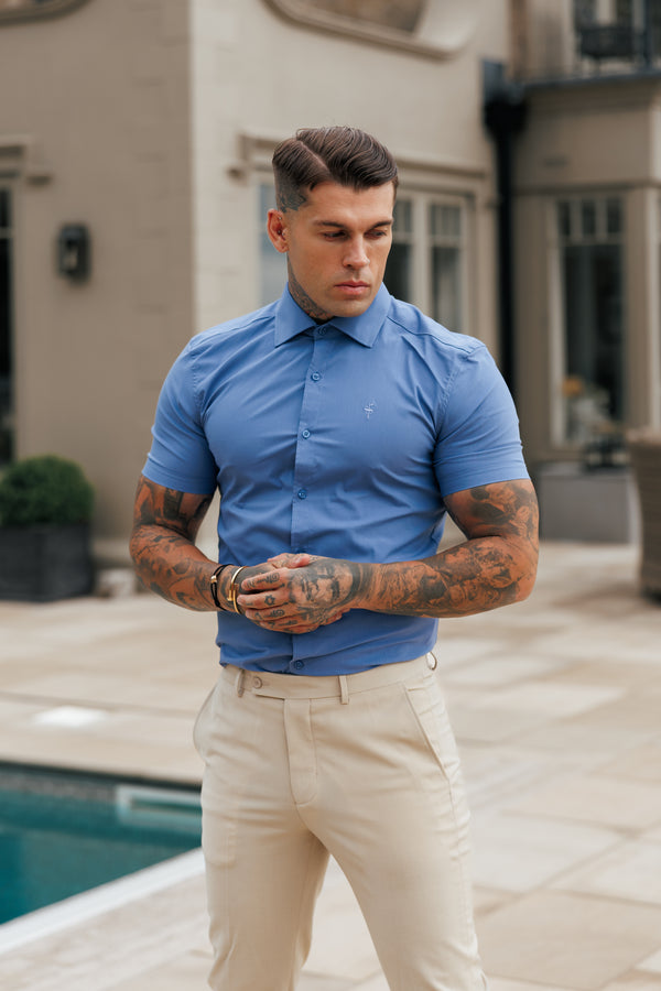 Father Sons Muscle Fit Advanced Stretch Mid Blue Short Sleeve with Cutaway Collar - FS1203