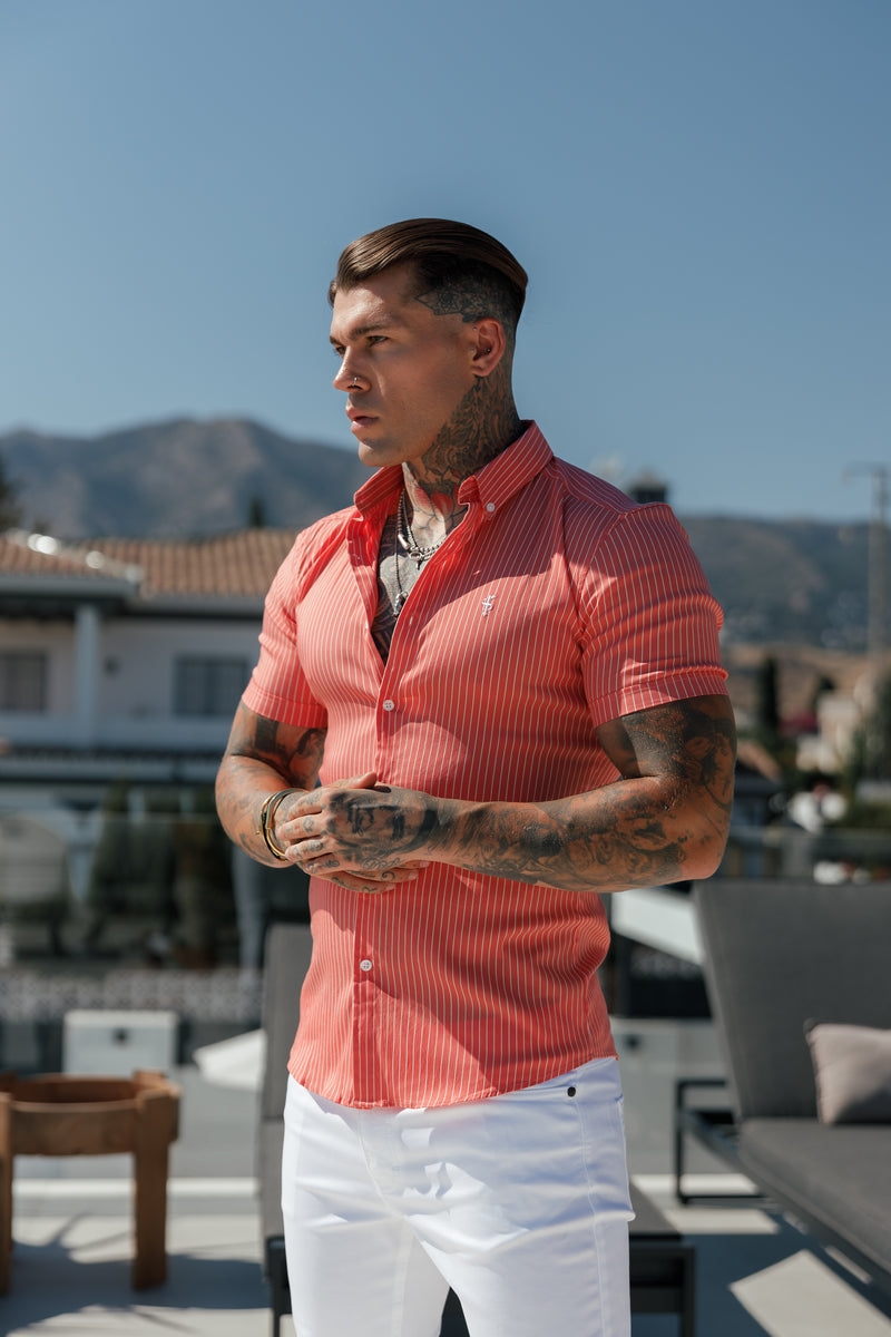 Father Sons Super Slim Stretch Coral Printed Pinstripe Short Sleeve with Button Down Collar - FS1062 (PRE ORDER 31ST JULY)